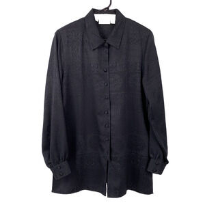 Vintage 90s Christie & Jill Black Jacquard Oversized Button Shirt Blouse Large